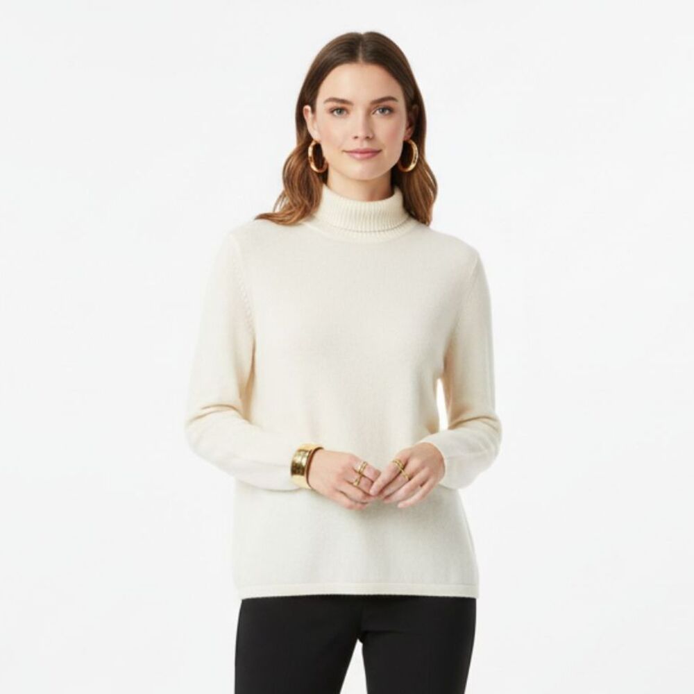 100% Cashmere Parisian Ivory Cream Long sleeve Mock Turtleneck Sweater L
